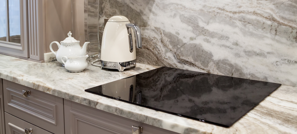 Cream Marble Countertop Blending with Dark Gray Cabinets Cream Marble Countertop Blending with Dark Gray Cabinets