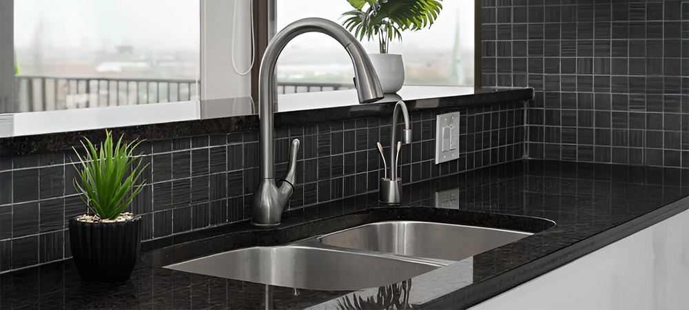 Dark Quartz Countertop with Light Veining and Dark Gray Cabinets Dark Quartz Countertop with Light Veining and Dark Gray Cabinets