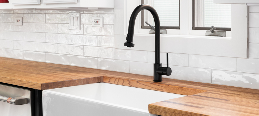Light Butcher Block Countertop with Dark Gray Cabinets Light Butcher Block Countertop with Dark Gray Cabinets