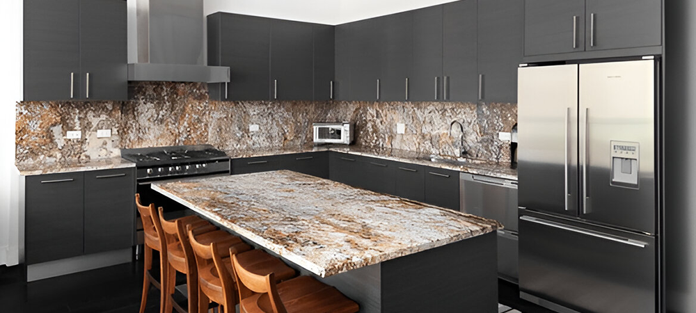 Warm-Toned Quartz Countertop Paired with Dark Gray Cabinets