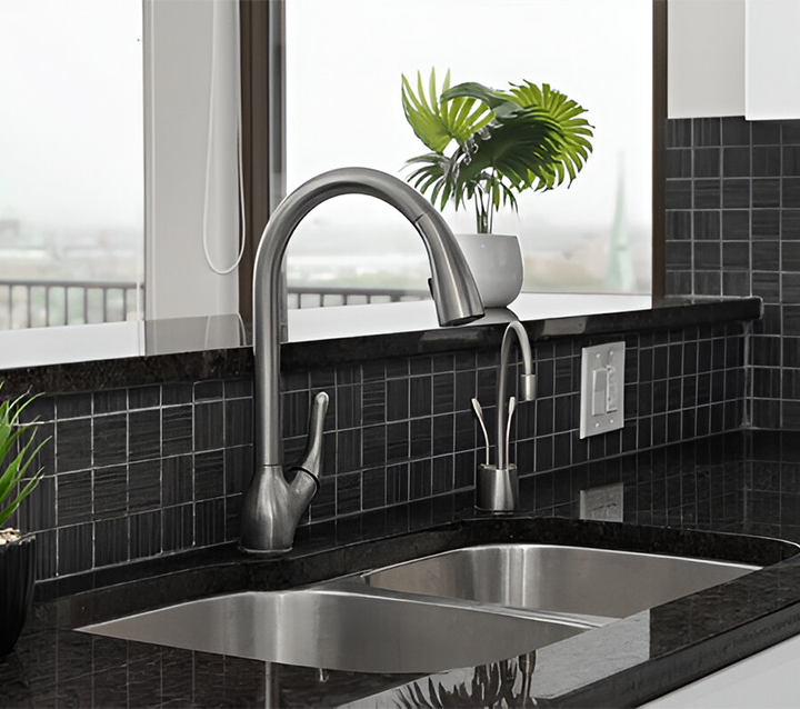 Dark Quartz Countertop with Light Veining and Dark Gray Cabinets Dark Quartz Countertop with Light Veining and Dark Gray Cabinets
