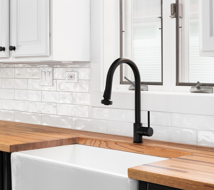 Light Butcher Block Countertop with Dark Gray Cabinets Light Butcher Block Countertop with Dark Gray Cabinets