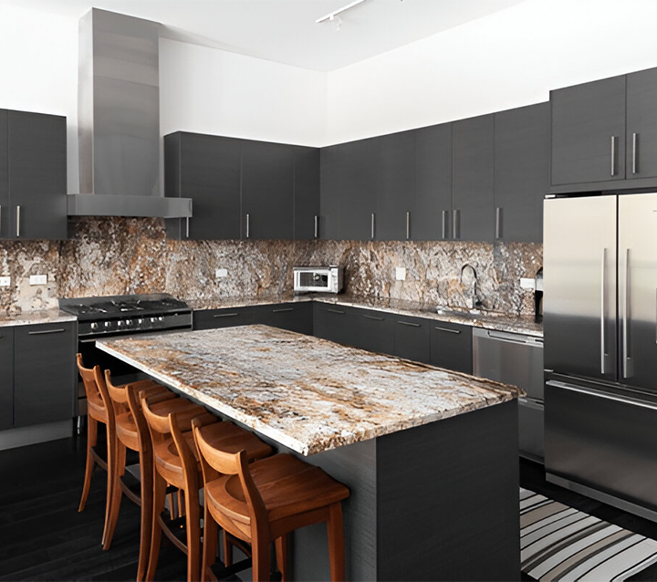 Warm-Toned Quartz Countertop Paired with Dark Gray Cabinets Warm-Toned Quartz Countertop Paired with Dark Gray Cabinets