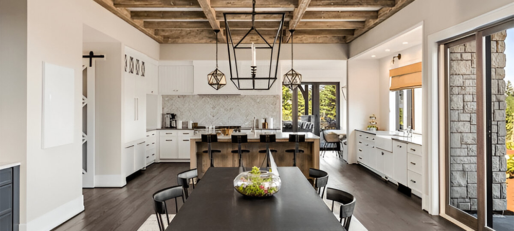 A cozy small kitchen with exposed wooden beams for a rustic ambiance