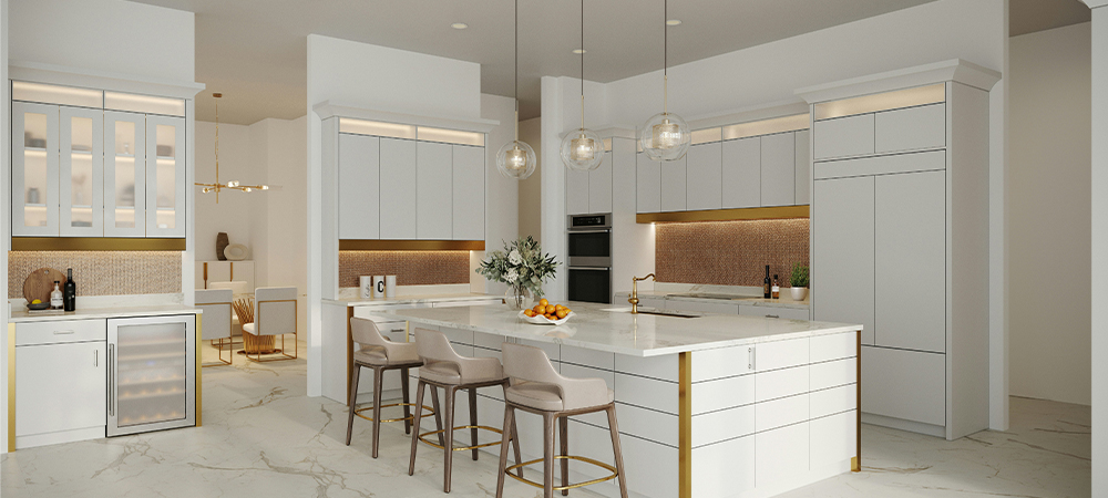 A modern kitchen with white cabinets and a backlit glass tile backsplash, illuminating the countertop.