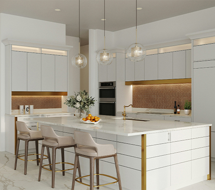 A modern kitchen with white cabinets and a backlit glass tile backsplash, illuminating the countertop.