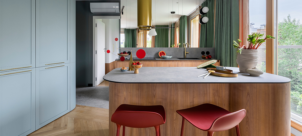 Bold Accent Colors for Trendy Kitchen Designs Kitchen with bold accent-colored cabinets adding a striking contrast