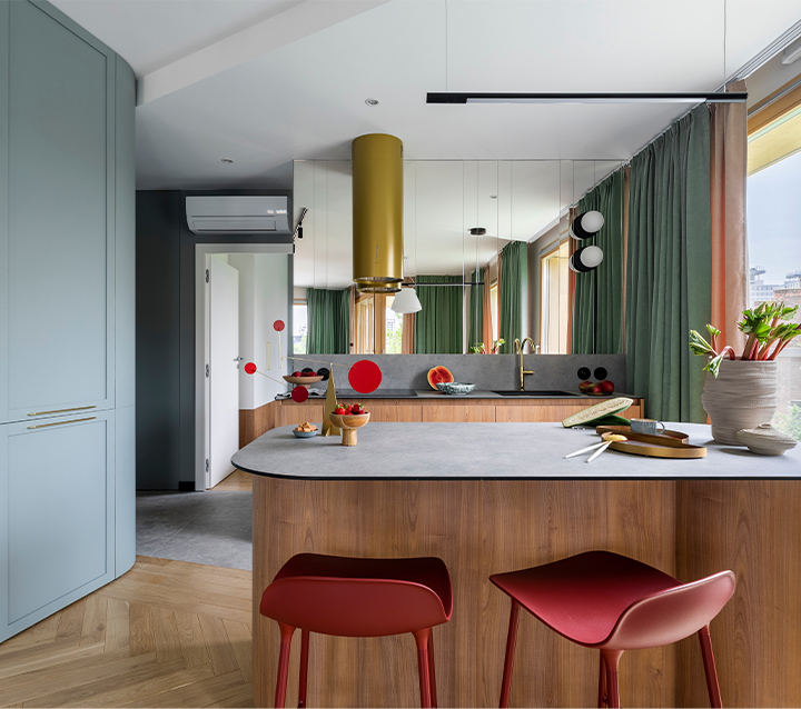 Bold Accent Colors for Trendy Kitchen Designs Kitchen with bold accent-colored cabinets adding a striking contrast