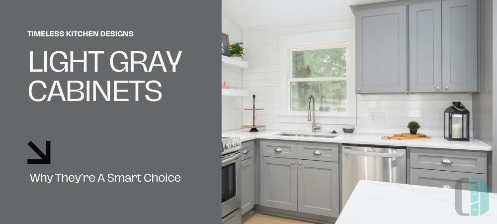 Modern kitchen with light gray shaker cabinets and white countertops – a timeless and elegant design choice.