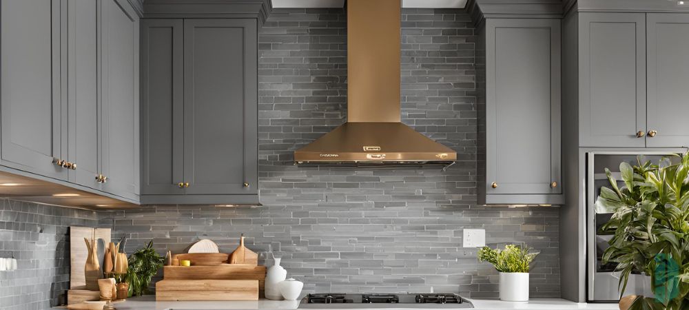 A modern kitchen with grey cabinets and a stone backsplash extending to the ceiling