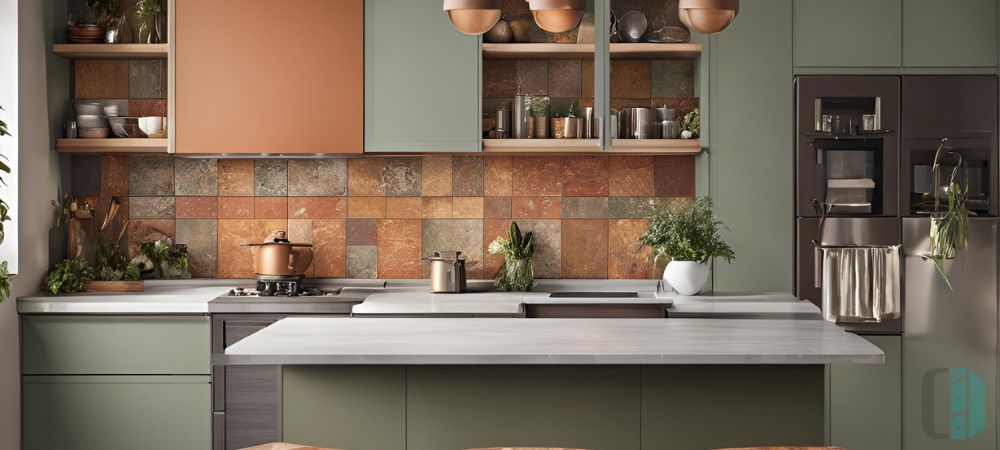  A modern kitchen with gray cabinets and an earth-toned backsplash featuring a mix of brown, orange, and beige tiles