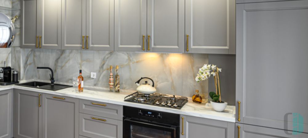 Glossy White Tile Backsplash with Gray Cabinets