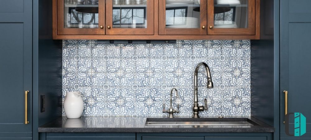 Statement Pattern Backsplash with Dark Gray Cabinets