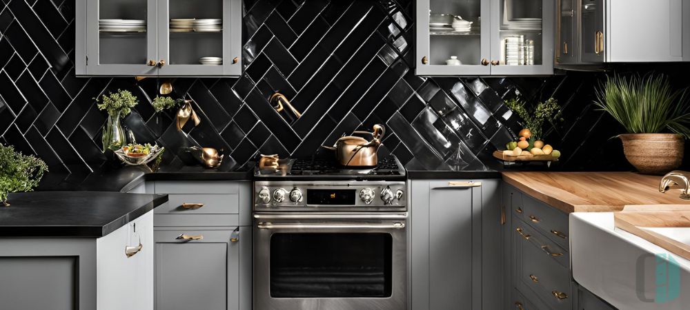 Black Herringbone Tile Backsplash with Gray Cabinets