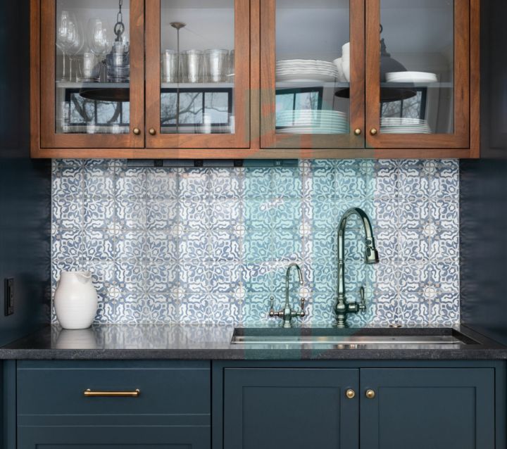 Black Herringbone Tile Backsplash with Gray Cabinets