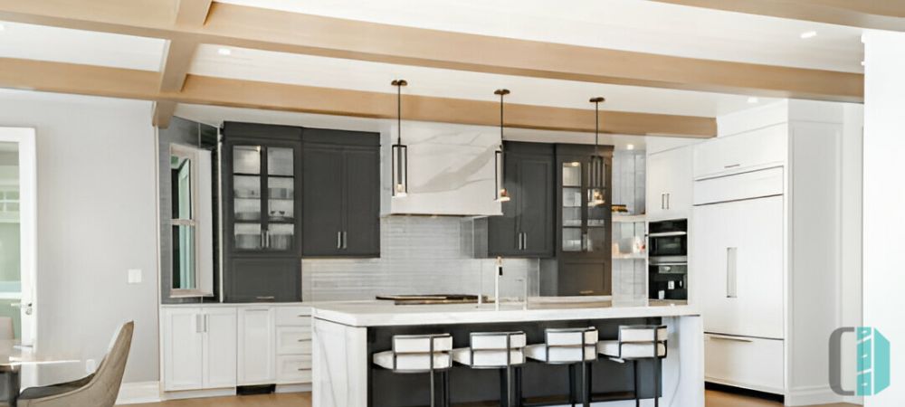 Kitchen space with exposed wood beams, adding rustic charm and architectural interest