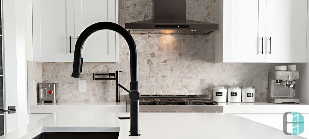 Kitchen with a rustic stone accent wall, adding a natural and earthy element to the space