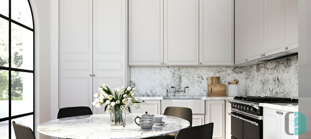 Textured kitchen backsplash featuring detailed patterns, adding depth and visual interest to the kitchen