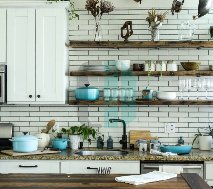 Kitchen with floating shelves integrated with cabinets, offering stylish and practical storage