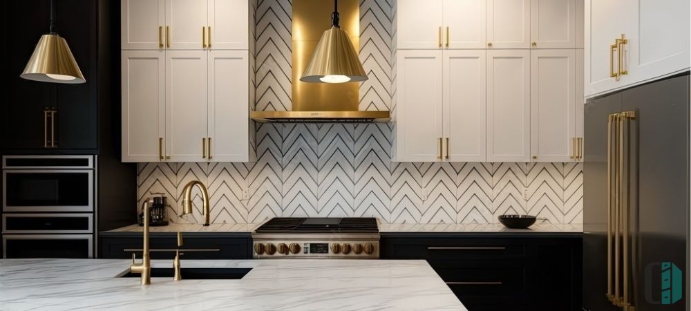 Gray Cabinets With White Herringbone Backsplash