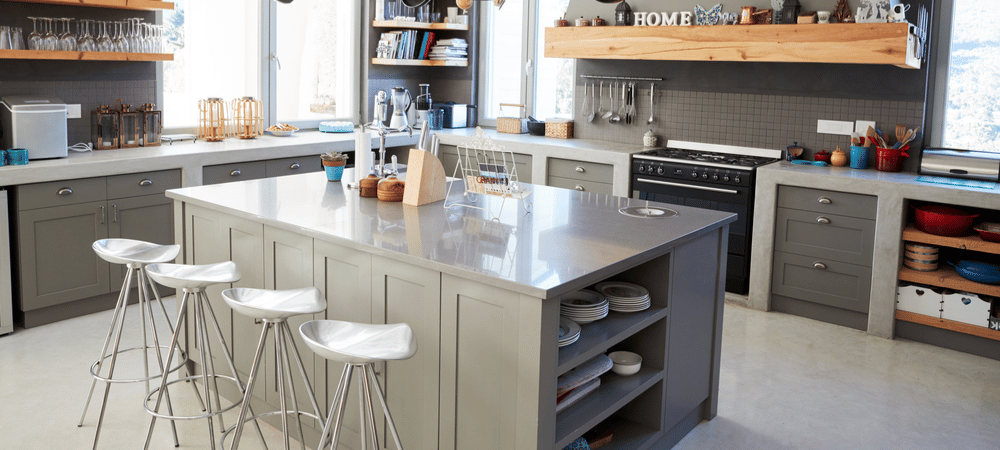 Kitchen island with integrated seating and storage, combining functionality and style.