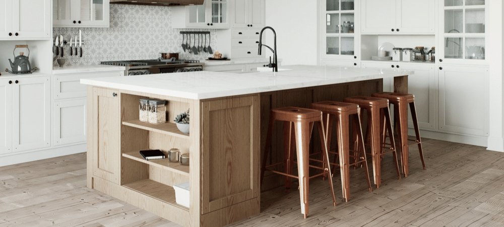 Kitchen island designed with seating for four, perfect for family meals and casual dining.