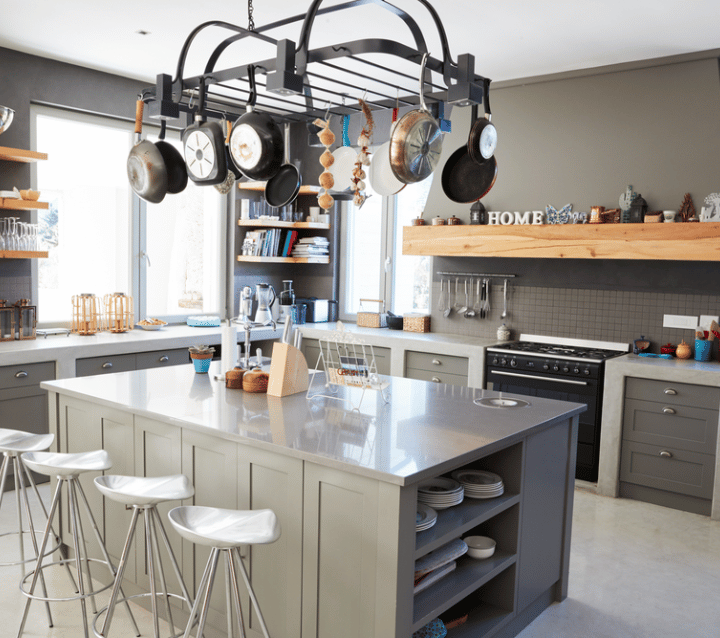 Kitchen island with integrated seating and storage, combining functionality and style.