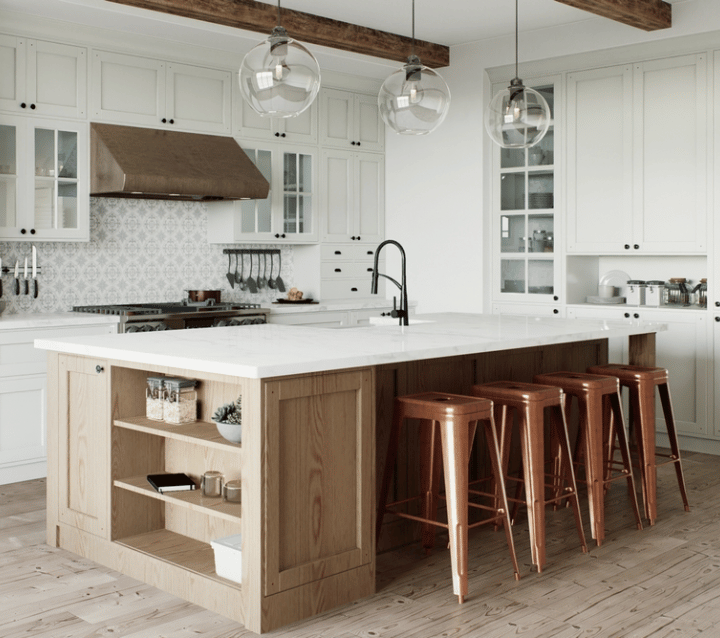 Kitchen island designed with seating for four, perfect for family meals and casual dining.