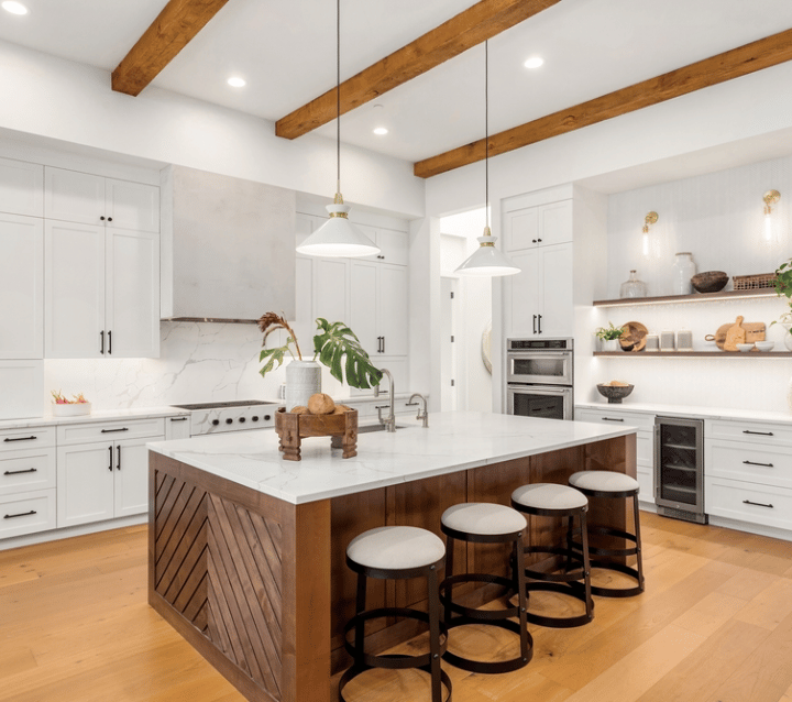 Coordinated kitchen island seating with matching stools, creating a cohesive and stylish look