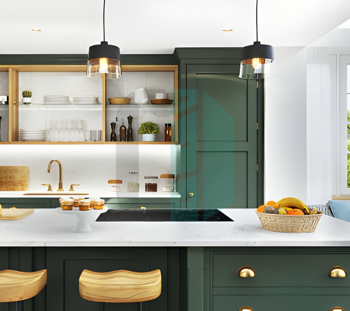 Gorgeous Green Statement Kitchen Island in Luxury Kitchen